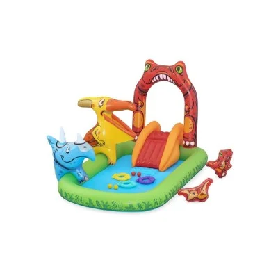bestway jurassic splash play center 1 pool 3 fish shaped rings 1 triceratops ring target 1 pteranodon ball catch 1 pteranodon 1 t-rex 4 play balls repair patch age 2